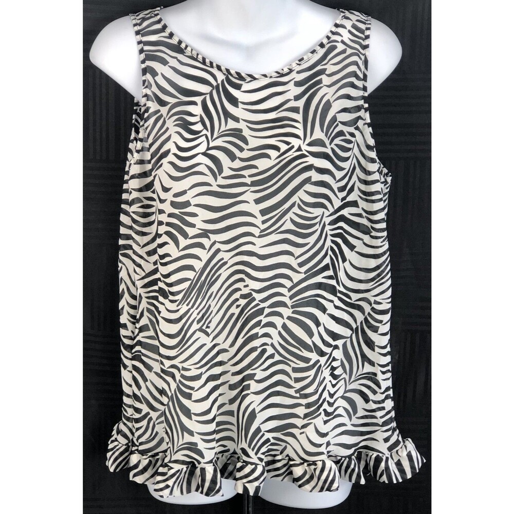 Vintage Sleeveless Chiffon Top L BIK/wht Zebra Ruffles Tank 90s Y2K Glam Chic